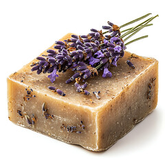Handmade Soap Bar with Dried Lavender Flower on White Background