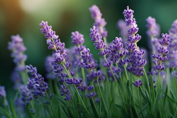 Obraz premium Lavender flowers rise with slender stems against a blurred green backdrop in soft natural light