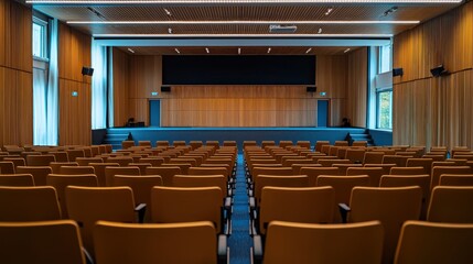 An empty conference hall with wooden walls and a stage in the center, with rows of chairs facing the stage.