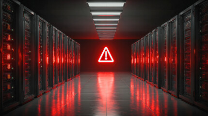 Emergency server room with flashing alerts and red lighting, creating sense of urgency and alertness