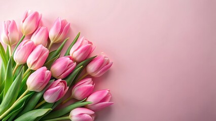 Spring bouquet of pink tulips on pastel pink background
