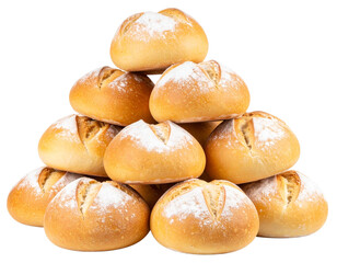  Rustic Round Bread Buns Piled Together with Light Flour Dusting, Isolated on Transparent Background PNG