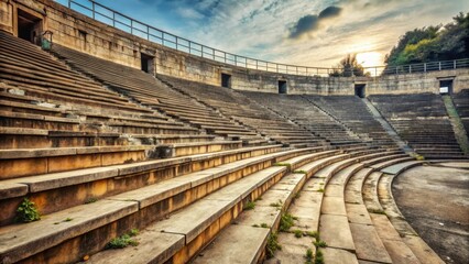 Fototapeta premium Ancient architectural details and worn stone seats surround a vast empty soccer stadium