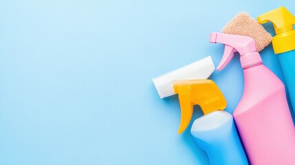 Colorful cleaning supplies arranged on a light blue background.