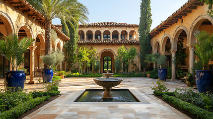 Mediterranean Courtyard Featuring Arched Colonnades with Fountain and Blue Planters