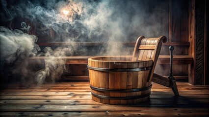 Fototapeta premium Wooden bucket placed on a worn couch amidst a dimly lit Russian bath with a deep