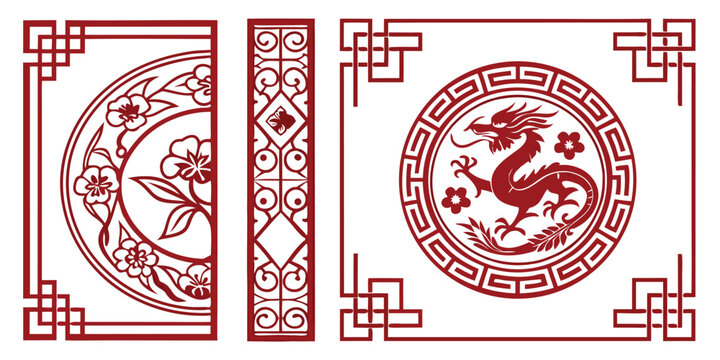 Collection of ornate red Chinese style frames and corner designs featuring traditional Asian decorative elements suitable for graphic design projects invitations and cultural event promotions