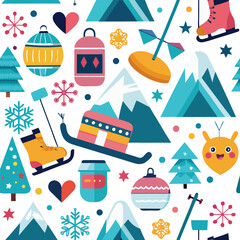 Winter Wonderland Seamless Pattern Festive Mountains, Ice Skating, Christmas Ornaments, and Cozy Camping