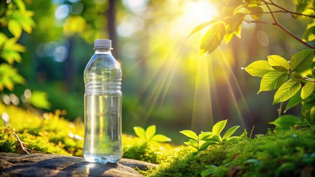 Bottle filled with fresh water in sunlight among vibrant leaves