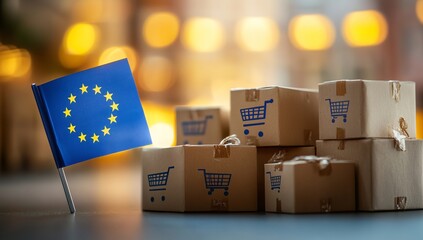 European Union Flag Beside Boxes with Shopping Cart Icons Against Blurred Background