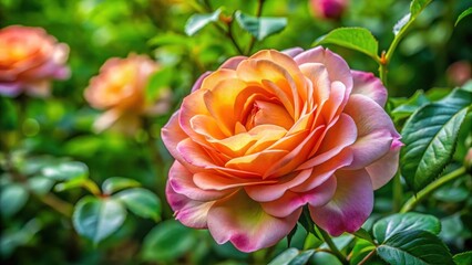 close-up of a blooming rose with delicate petals unfolding in a shaded garden among lush greenery and leafy foliage