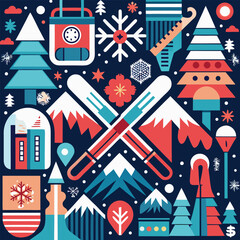 Winter Wonderland A Festive Ski Getaway Illustration Featuring Mountains, Snowflakes, and Winter Sports Equipment