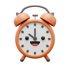 A cheerful 3drendered orange alarm clock with a smiling face isolated on transparent background