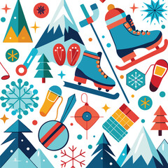 Winter Wonderland Festive Ice Skating, Skiing, and Snow Fun Illustrations