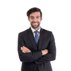 Confident businessman in formal black suit with blue tie standing and smiling with arms crossed, isolated on a transparent background, corporate portrait and professional success concept