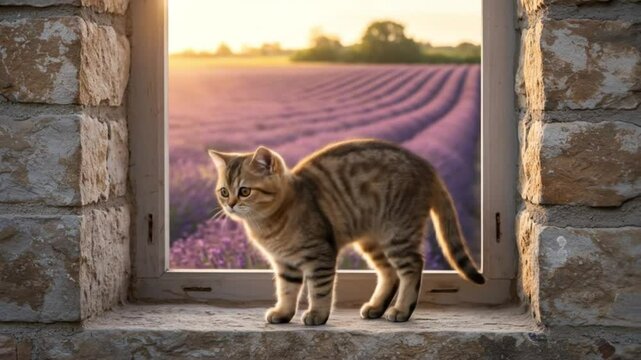 Choco British Shorthair at the Lavender Window

Deskripsi (200 karakter):
A Tabby British Shorthair kitten sits on a stone windowsill, framed by blooming lavender and golden sunset.