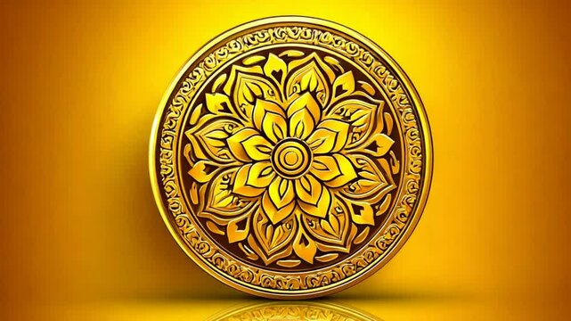Elegant golden floral mandala pattern animation on a bright yellow background for spiritual
