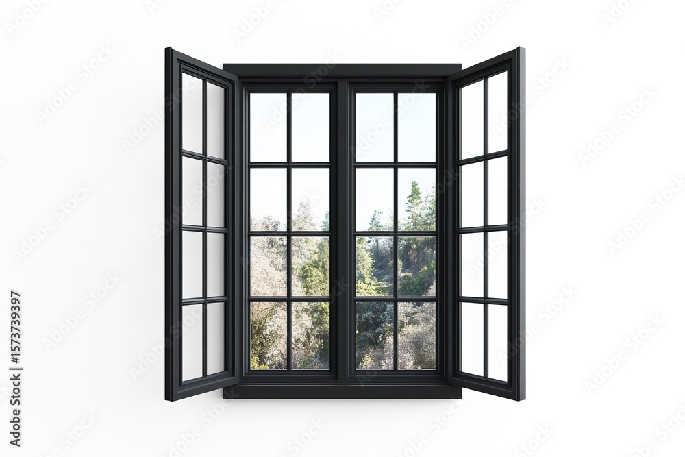 Fototapete realistic 3d rendering of a modern classic black wooden window with glass panes isolated on transpar