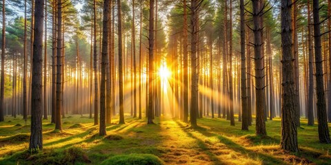 Obraz premium Soft warm light breaks through trees in pine forest at dawn, nature landscape