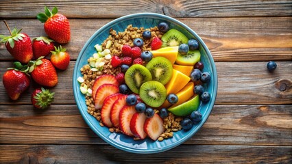 A colorful plate with a variety of fresh fruits and granola on a wooden table, morning meal