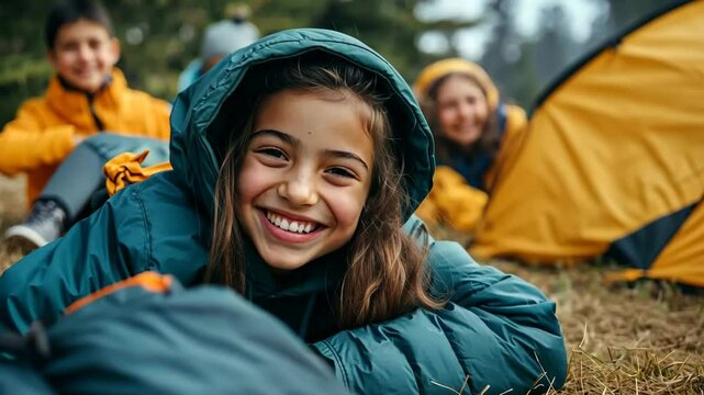 A young Hispanic girl smiles while lying on the ground in a sleeping bag. Two friends in yellow jackets are visible in the background near tents. Outdoor camping scene. Generative 4k video.
