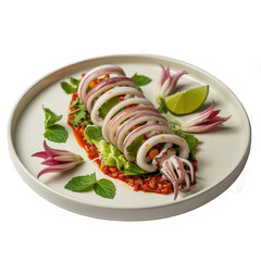 Deliciously presented coiled squid with spicy sauce lime and herbs isolated on transparent background