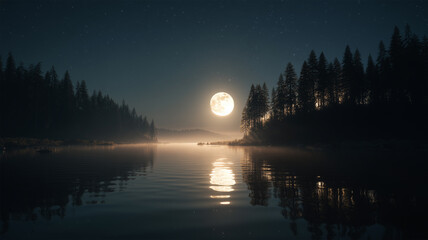 月が湖に映り込む幻想的な森と霧の静かな夜景風景