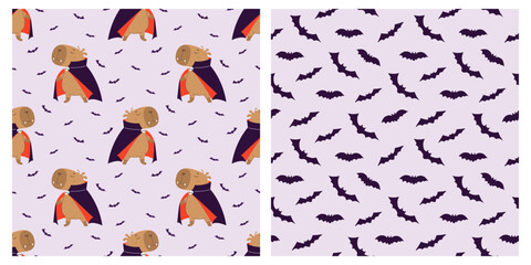 Capybara Dracula and bats seamless pattern set