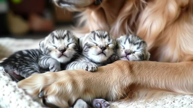 Adorable kittens snuggling against a gentle puppy, exuding warmth.