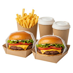 A classic fast food combo featuring two delicious cheeseburgers, crispy golden french fries, and two refreshing beverages in disposable paper cups, perfect for a quick meal.