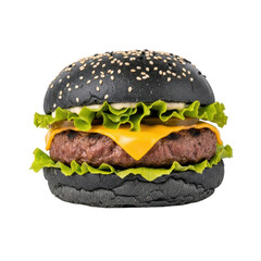 Black burger with beef patty, cheese, lettuce, and pickles. Great for fast food ads, menus, and social media posts.