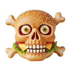 A cartoonish hamburger shaped like a skull with bones, representing unhealthy fast food and the dangers of junk food consumption.