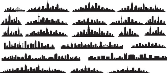 Obraz premium Urban Cityscape Silhouettes Vector – Night Town Skyline of Black City Buildings on White Background