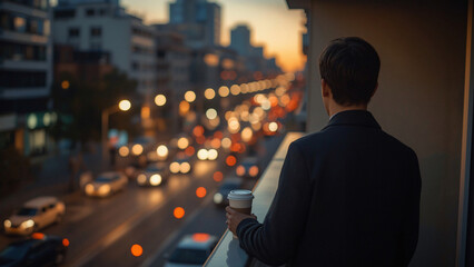 Panoramic view of people looking out at the cityscape.