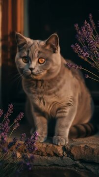 Gray British Shorthair at the Lavender Window. A chubby solid gray British Shorthair kitten sits on a stone windowsill, framed by blooming lavender and golden sunset
