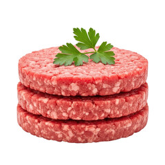 A stack of three uncooked beef burger patties, topped with fresh parsley, ready for cooking. Ideal for food preparation or recipe concepts.