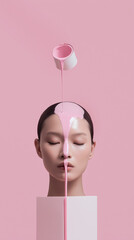 Surreal beauty concept with pink paint pouring over woman’s face and minimal background, room for copy text