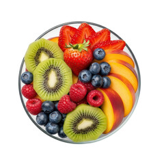 Overhead shot of a glass bowl filled with fresh fruit. Includes strawberries, blueberries, kiwi, raspberries, and peaches.