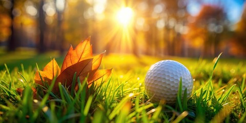 A golf ball sits alone on a lush green grass with a few scattered leaves around it