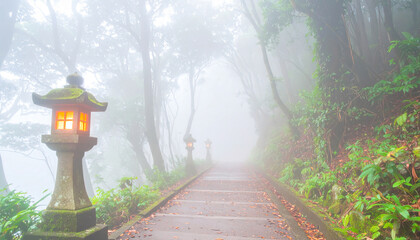Glowing street lamps in a misty park at dawn, creating a serene atmosphere, early morning glowtime, calm and peaceful