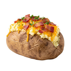 A warm, fluffy baked potato generously topped with melted cheddar cheese, crispy bacon bits, and fresh green herbs, ready to be enjoyed as a comforting side dish or meal.