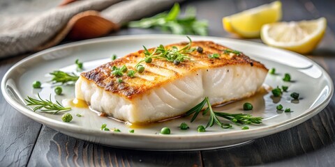 Juicy halibut fillet on plate with caramelized crust