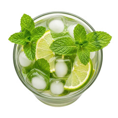 Refreshing mojito cocktail with lime, mint, and ice cubes in a glass. Perfect for summer promotions and beverage related designs.
