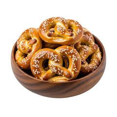 A pile of freshly baked, golden brown pretzels topped with coarse salt, served in a rustic wooden bowl. Ideal for snack, bakery, or oktoberfest themes.