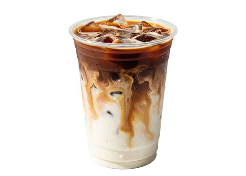 iced coffee latte with a milk swirl in a takeaway cup