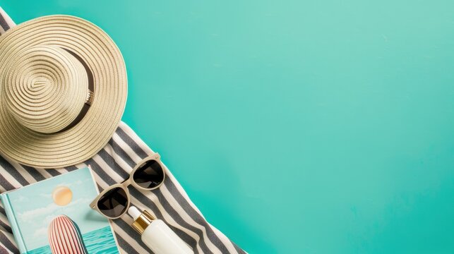 Summer beach essentials arranged on a striped towel against a turquoise background - Powered by Adobe
