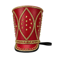 Red and gold drum major hat with studs. The hat is great for fashion or a costume.