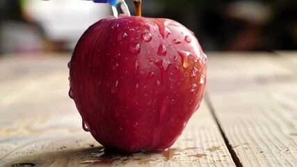 A close-up of a fresh red apple with water droplets on a wooden table. - Powered by Adobe