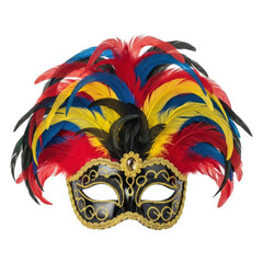 Elegant black masquerade mask featuring intricate gold details and a stunning display of red, blue, and yellow feathers. Perfect for carnival, parties, or festive celebrations.