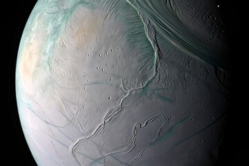 A dramatic close-up, high-resolution rendering of Enceladus, one of Saturn's icy moons, revealing a complex surface dominated by prominent linear features, grooves, and subtle fractures